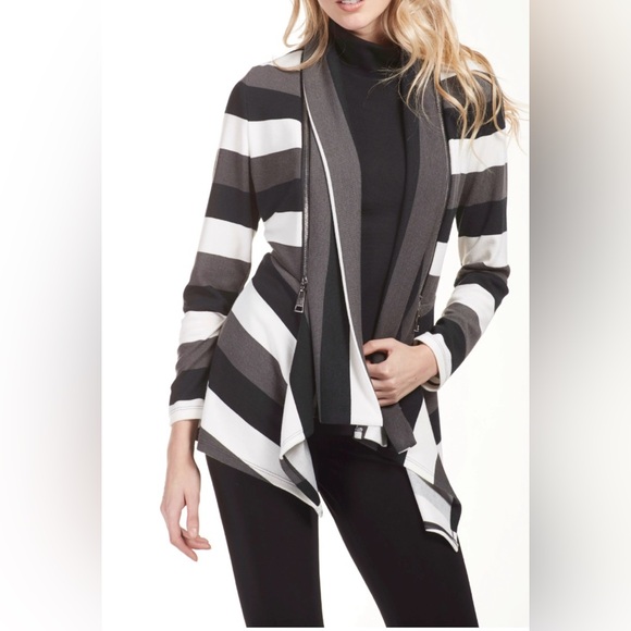 Frank Lyman Design Black and White Striped Cardigan Sweater - Picture 1 of 8